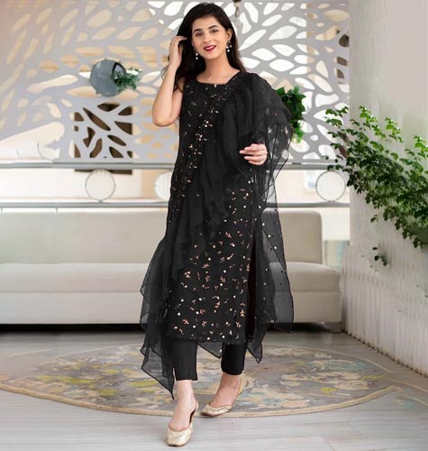 Women Black & Gold-Toned Embroidered Semi-Stitched Dress Material